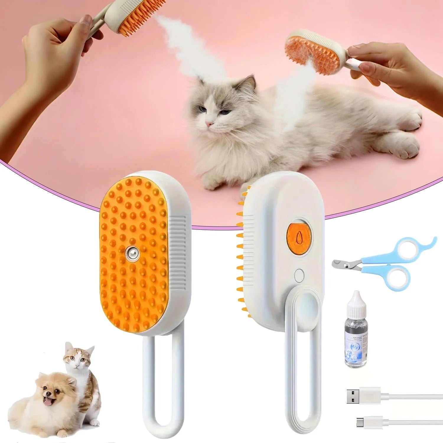 Cat Steam Brush, 3 in 1 Self Cleaning Steamy Cat Brush, Spray Silicone Massage Comb, Cat Brush for Shedding, Pet Hair Removal Tool with Handle Multifunctional Grooming Brush for Dogs Cats